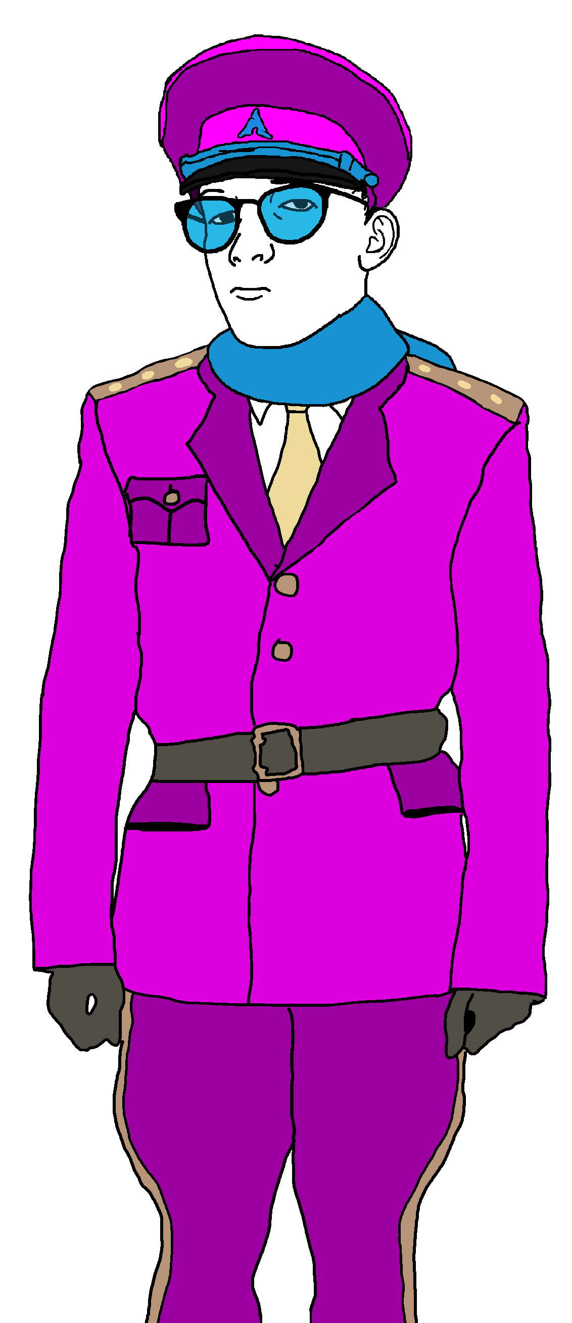 soyquote, arch linux, beige tie, blue glasses, blue scarf, body, cap, closed mouth, clothes, dictator