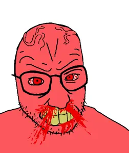 snopesjak, angry, blood, bloodshot eyes, clenched teeth, glasses, red eyes, red skin, soyjak, stubble