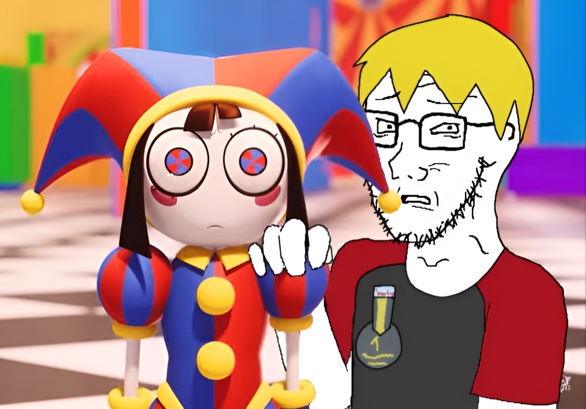 nate higgers, pomni, soyak, natejak, 1soyjak, 3 years on bald man glasses award, 3d, 3d background, blonde hair, clown
