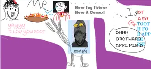 gapejak, kuzjak, soyak, 3soyjaks, apple, arm, closed mouth, ear, food, fruit