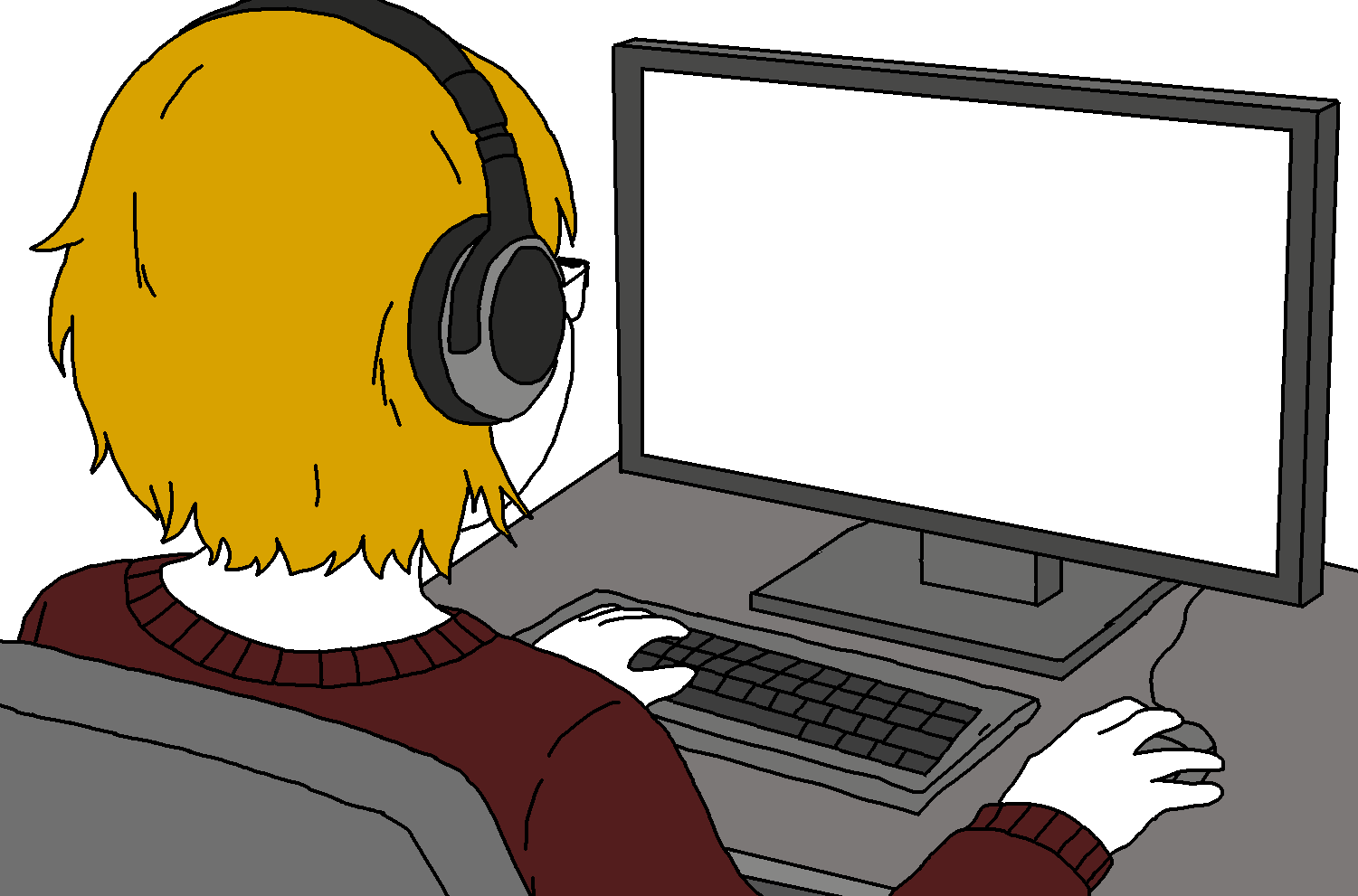 cobson, derpson, female cobson, femjak, back view, blonde hair, bow, closed eyes, computer, derpina