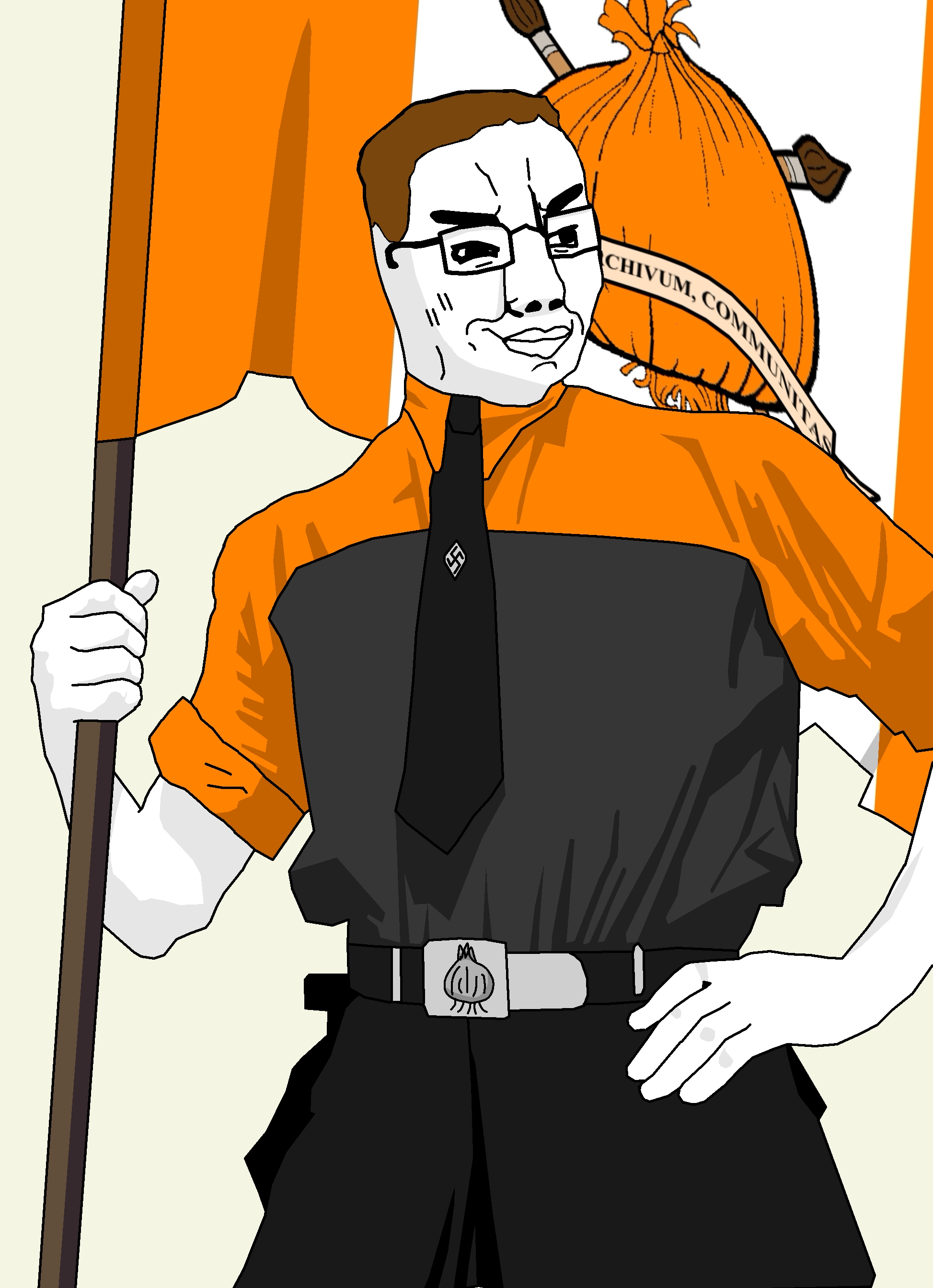 dan, chudjak, militant chud holding flag, natejak, militant chud holding flag, belt, brown hair, closed mouth, clothes, flag