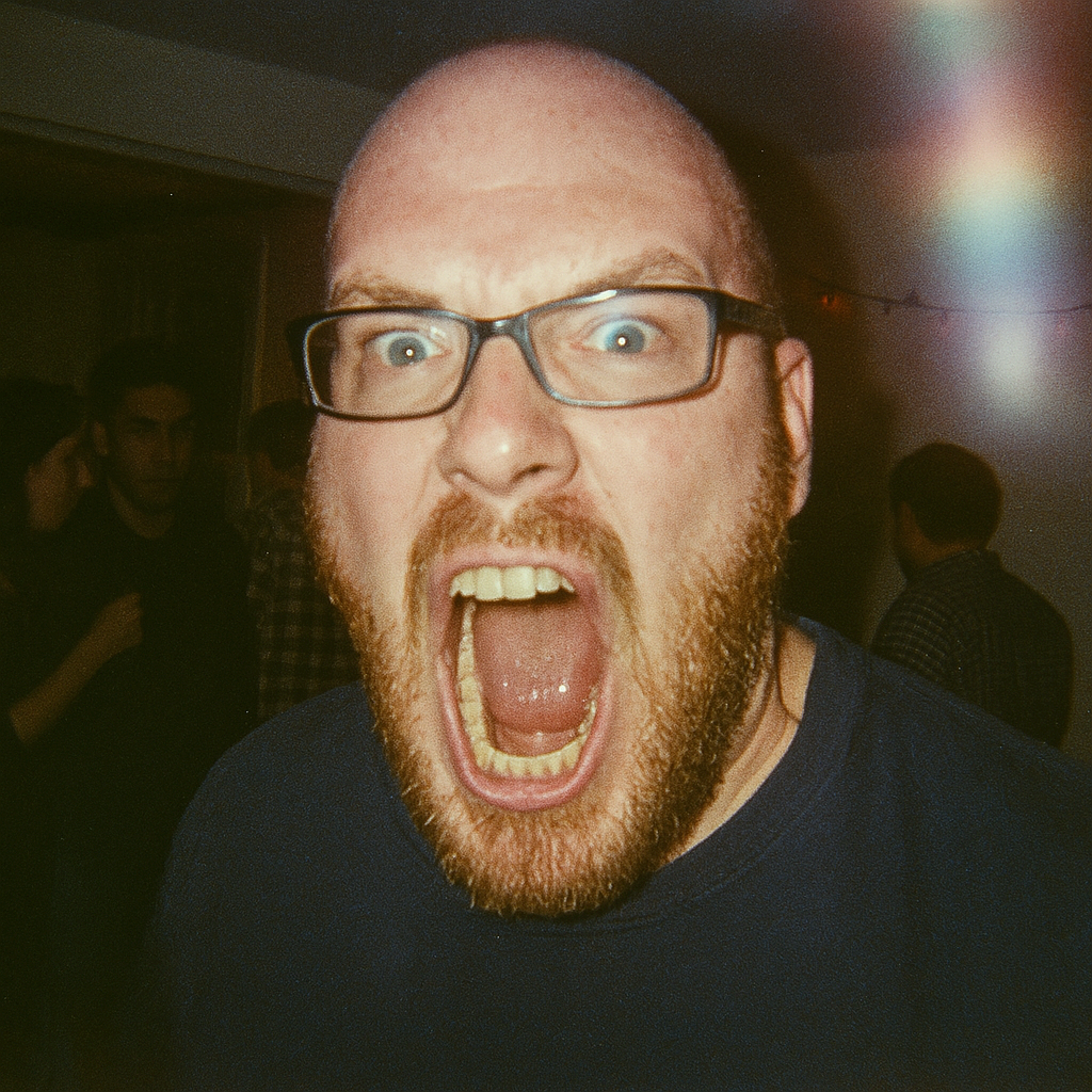 mcknown, unknown, irl soyjaks, angry, bald, beard, black shirt, clothes, glasses, irl background