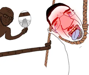 chudjak, soyak, two pointing soyjaks, 2soyjaks, angry, arm, black skin, bloodshot eyes, blush, chud