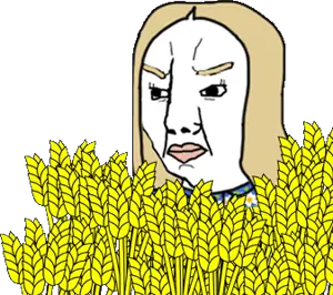 tradwife wojak, wojak, chudjak, female chudjak, blonde hair, clothes, eyelashes, female, hair, plant