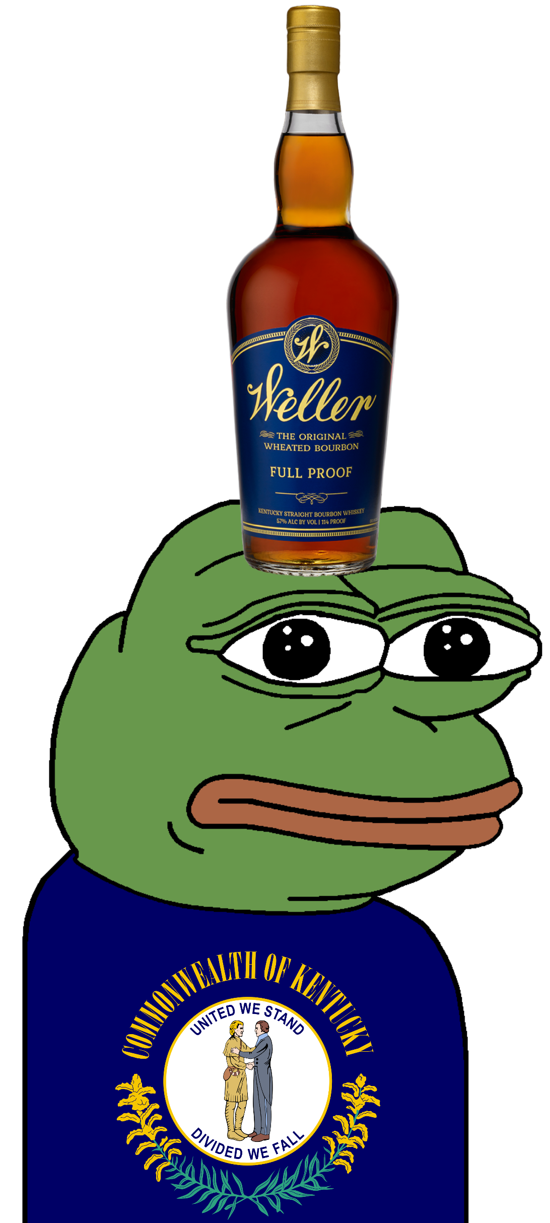 pepe, alcohol, amphibian, animal, bottle, bourbon, closed mouth, clothes, drink, flag