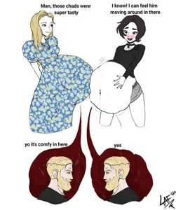 doomer girl wojak, doomer wojak, tradwife wojak, wojak, yes chad, belly, big belly, blonde hair, doomer, hair