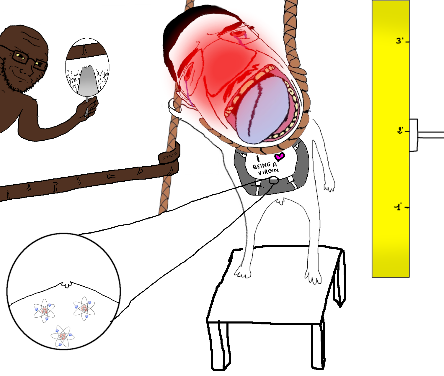 chudjak, impish soyak ears, soyak, two pointing soyjaks, angry, arm, atom, black skin, bloodshot eyes, chud