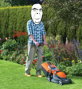 cobson, glasses, irl background, lawnmower, real life, smile, soyjak, stubble