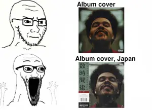 excited soyjak, soyak, wewjak, album cover, closed mouth, concerned, frown, glasses, hands, hands up
