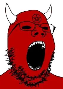 gapejak, black sclera, demon, facial mark, forehead mark, glasses, horns, mark of the beast, no pupils, open mouth