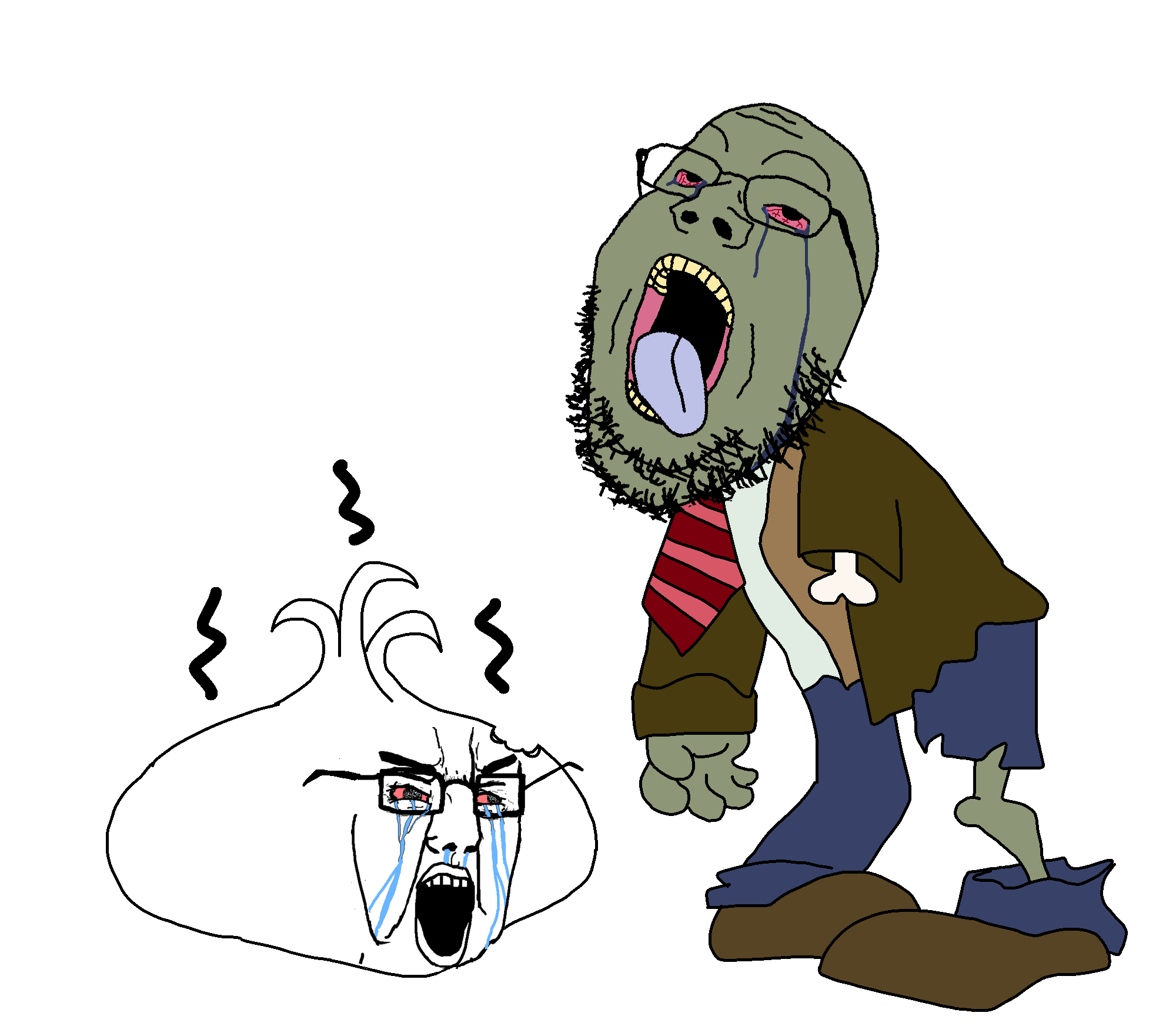 chudjak, gapejak, 2soyjaks, bloodshot eyes, blue pants, clothes, crying, full body, garlic, glasses