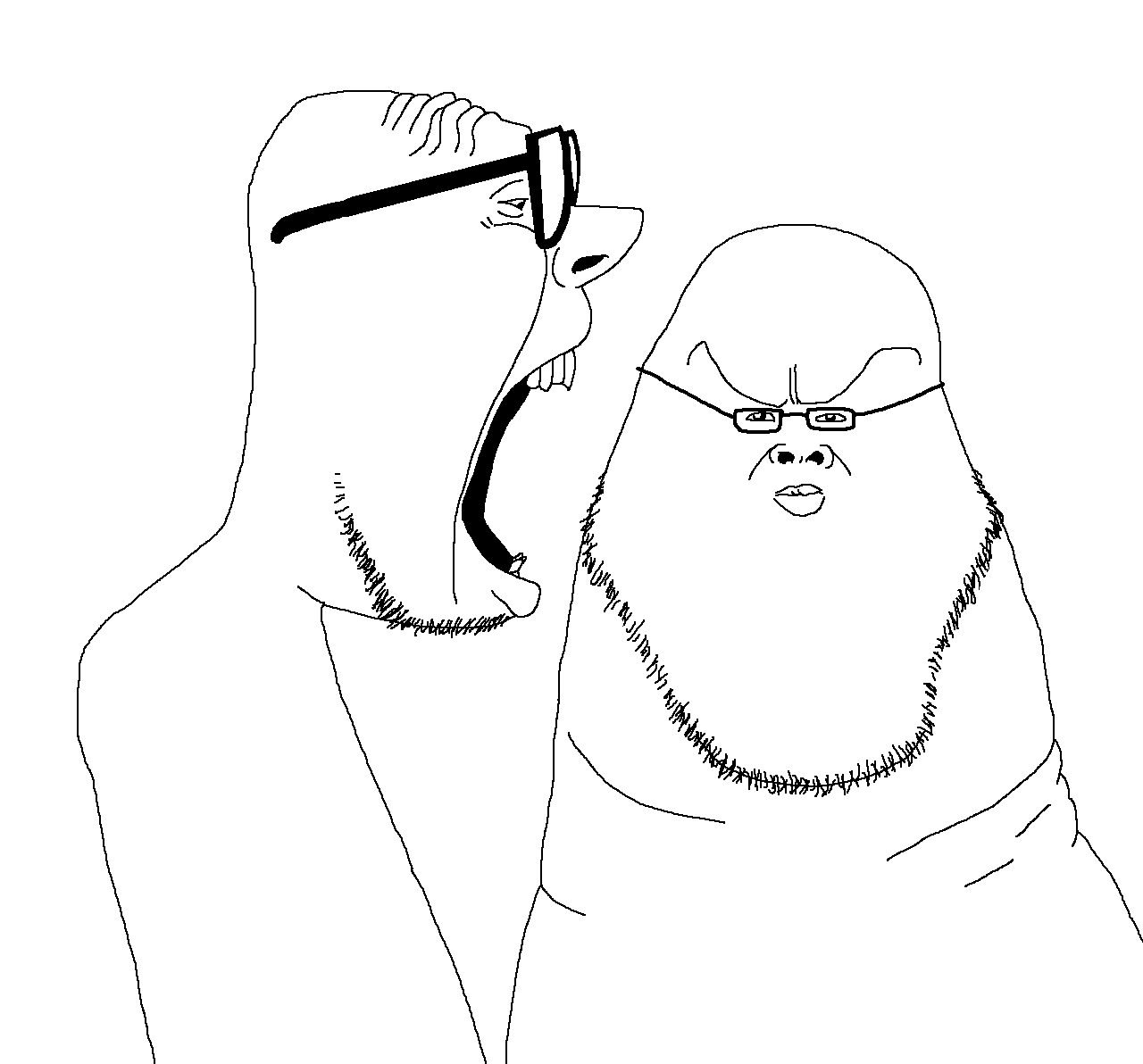 stoic, 2soyjaks, bald, beard, closed mouth, fat, front view, glasses, incomprehensible woahjack, open mouth