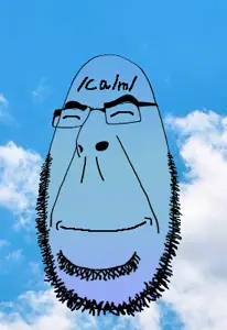 cobson, blue skin, calm, closed eyes, closed mouth, glasses, irl background, sky, smile, soyjak
