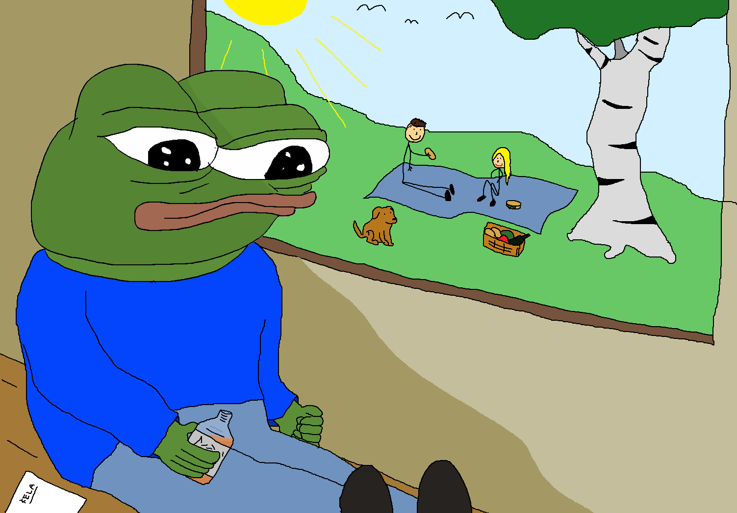 apu, pepe, alcohol, amphibian, animal, black eyes, black shoes, blue shirt, closed mouth, clothes