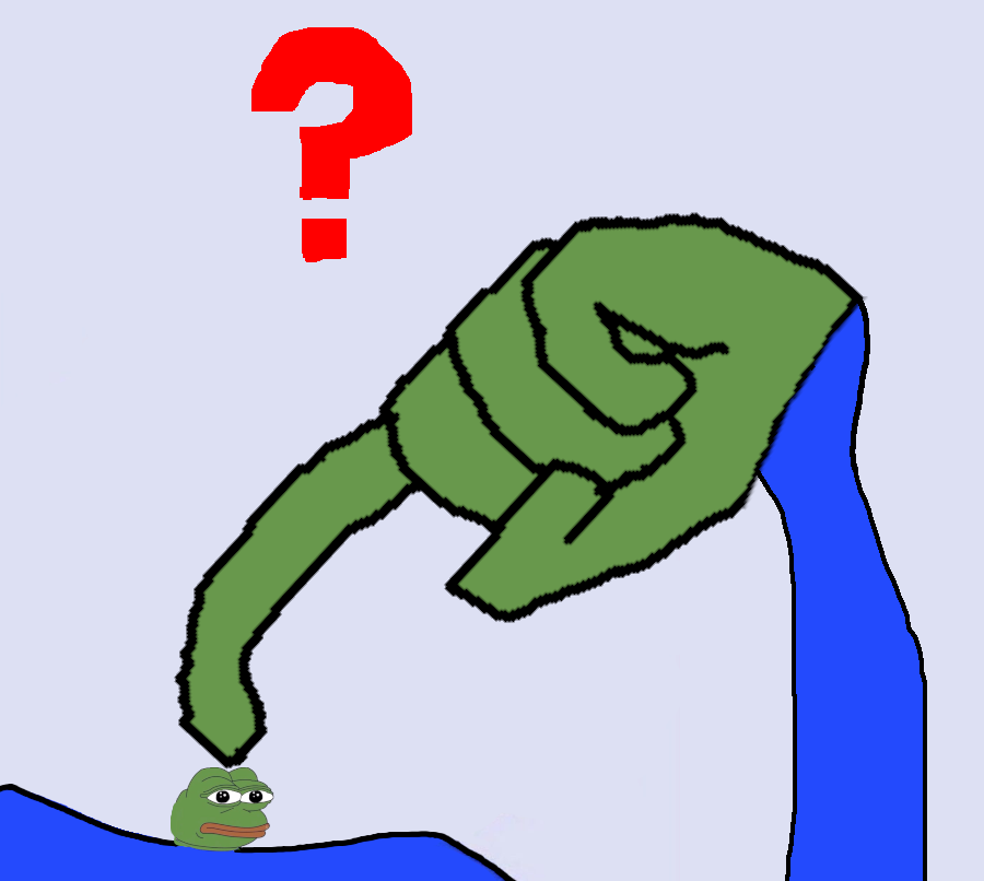 pepe, amphibian, animal, arm, big hands, black eyes, blue background, blue shirt, closed mouth, confused