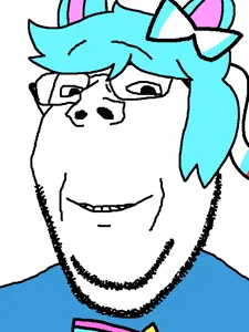 gapejak, wholesome soyjak, akira (friday night funkin'), blue hair, clothes, furry, glasses, soyjak, stubble, friday night funkin'