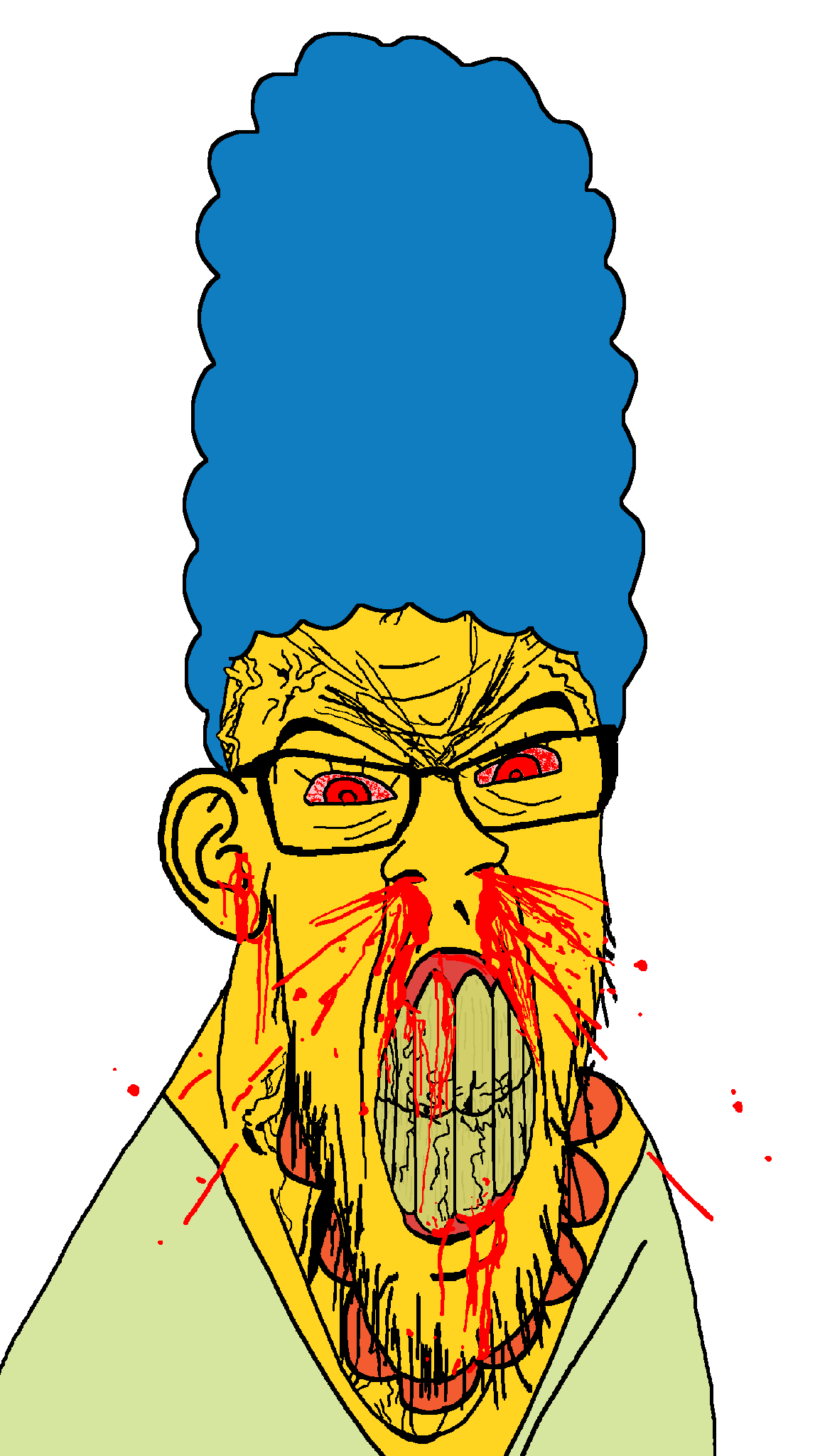 marge simpson, feraljak, feralrage, angry, bleeding, blood, blue hair, clenched teeth, clothes, cracked teeth