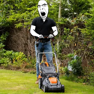 cobson, arm, clothes, full body, glasses, hands, irl background, lawnmower, leg, open mouth