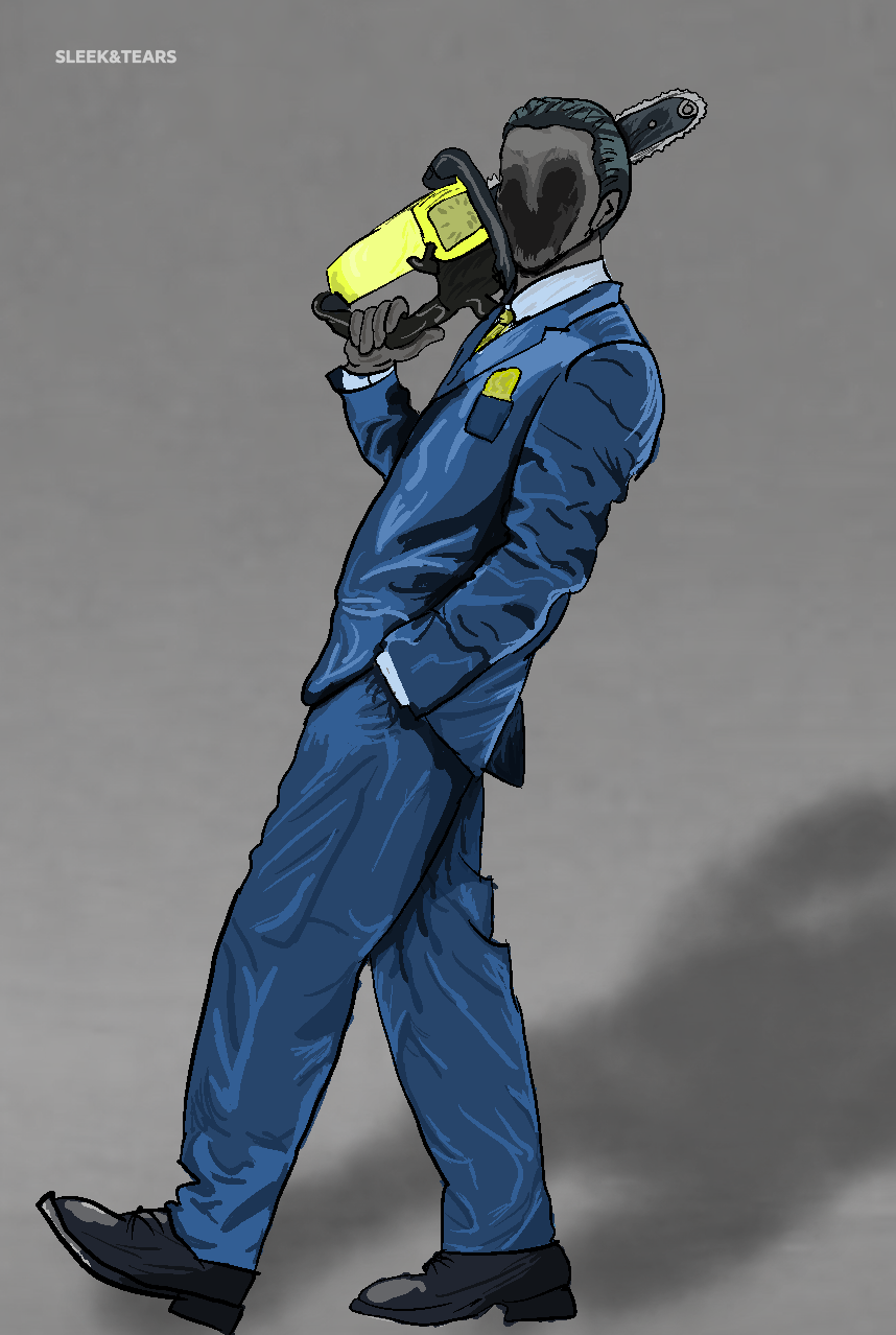 gigachad, nophono, buff, chainsaw, closed eyes, closed mouth, clothes, drawing, full body, gray background