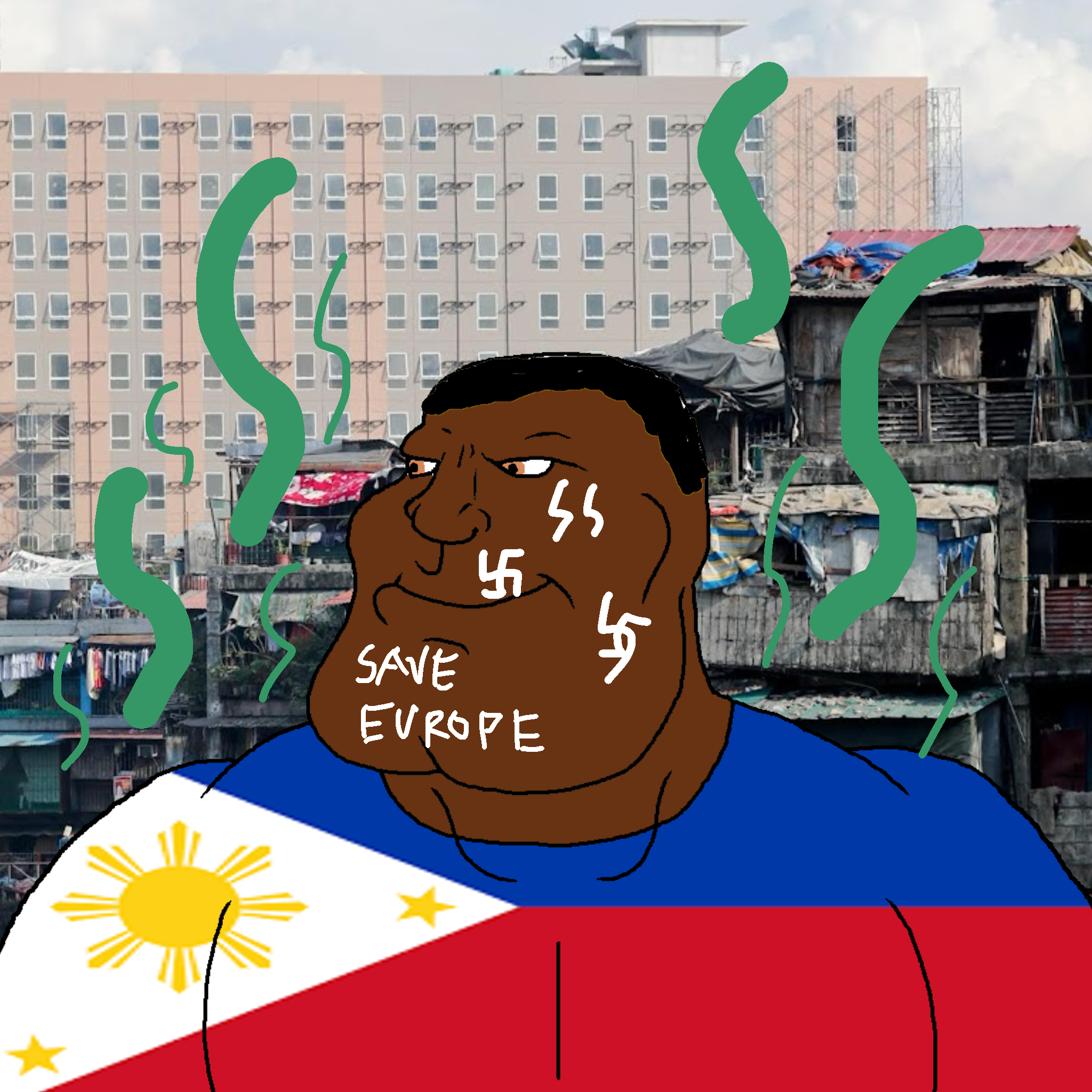 meximutt, mexiaryan, 1soyjak, brown skin, filipino, green aura, hair, irl background, manila, nazism