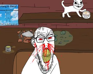 feraljak, gapejak, feralrage, massjak, massmeowjak, wholesome soyjak, blood, calm, candle, counter