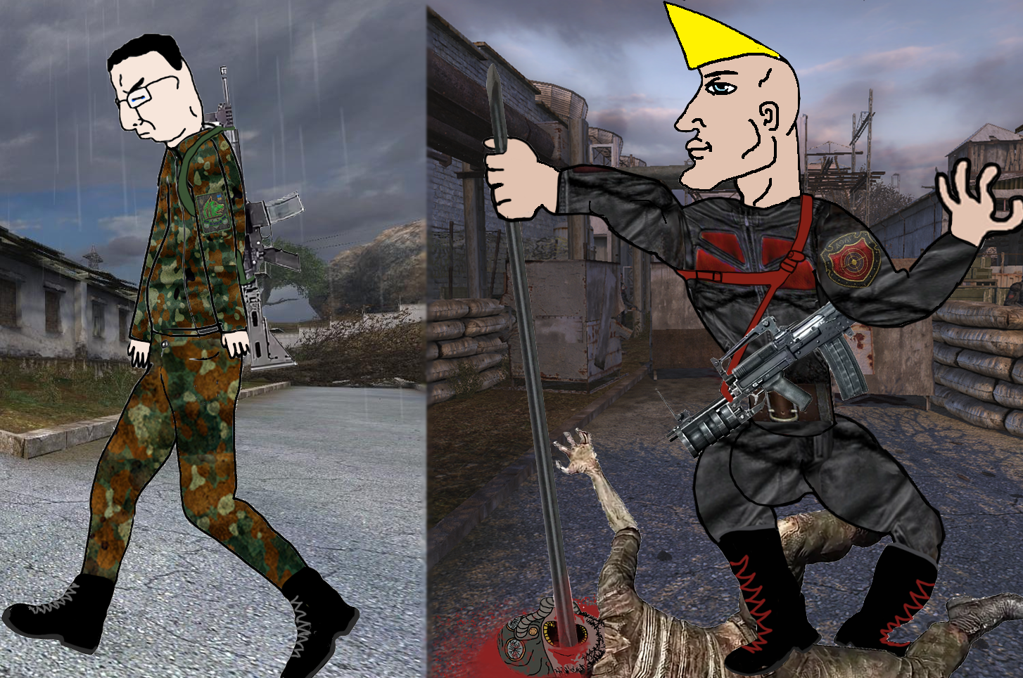 chudjak, gapejak, armor, black hair, blonde hair, blood, blue eyes, camouflage, chad, chin