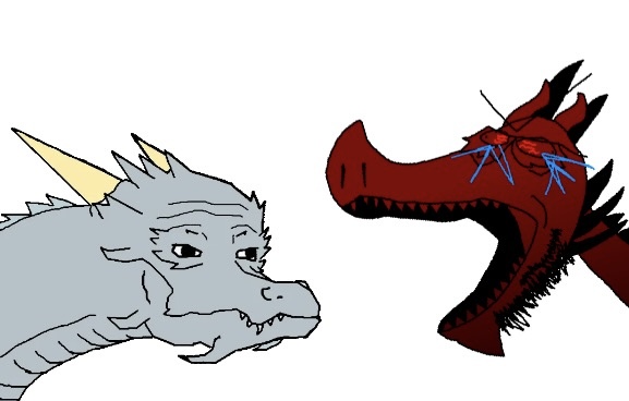 dragonjak, 1soyjak, 2dragons, angry, animal, closed mouth, crying, dragon, dragon wojak, enraged