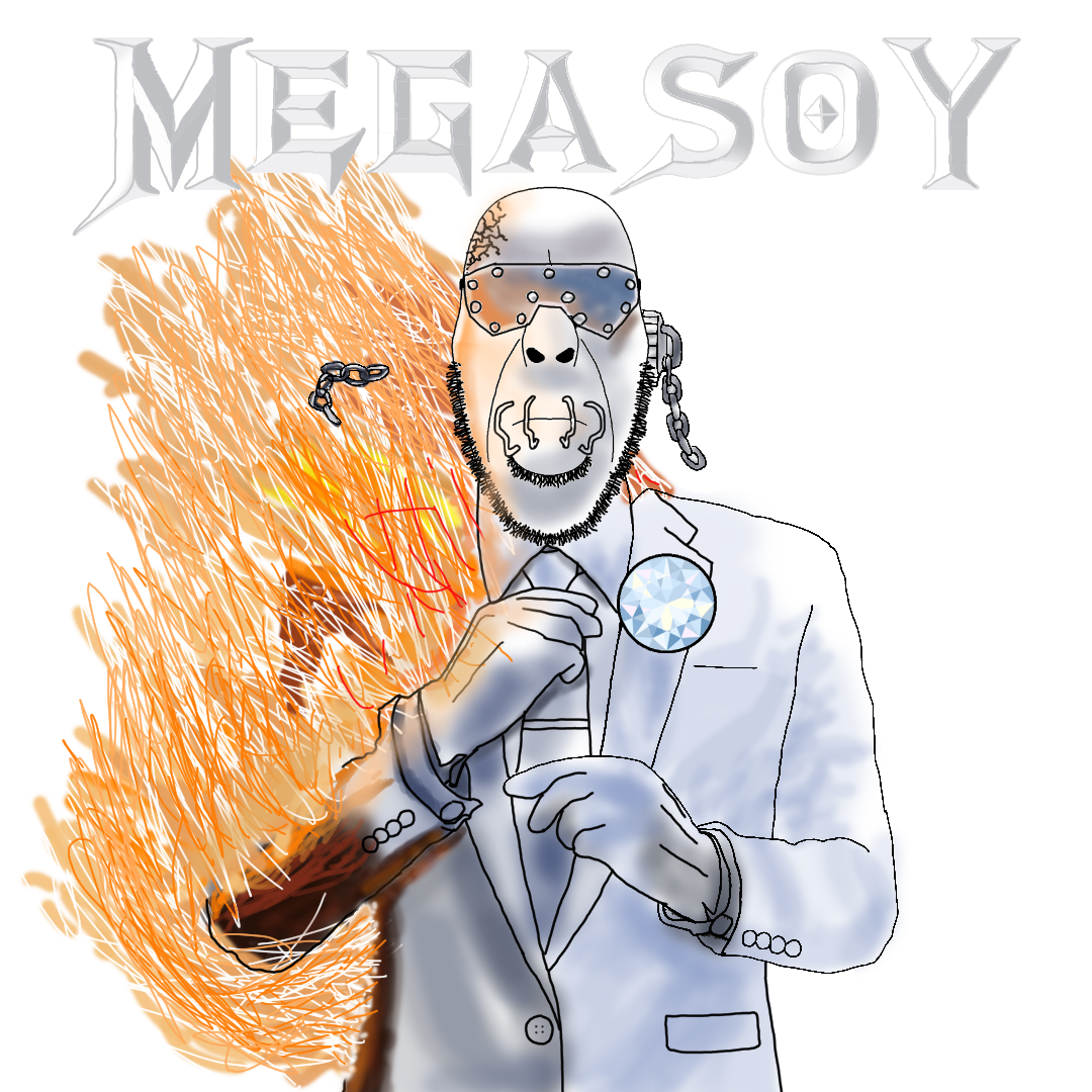 goy1mchud, cobson, album cover, closed mouth, clothes, fire, front view, frown, heavy metal, megadeth