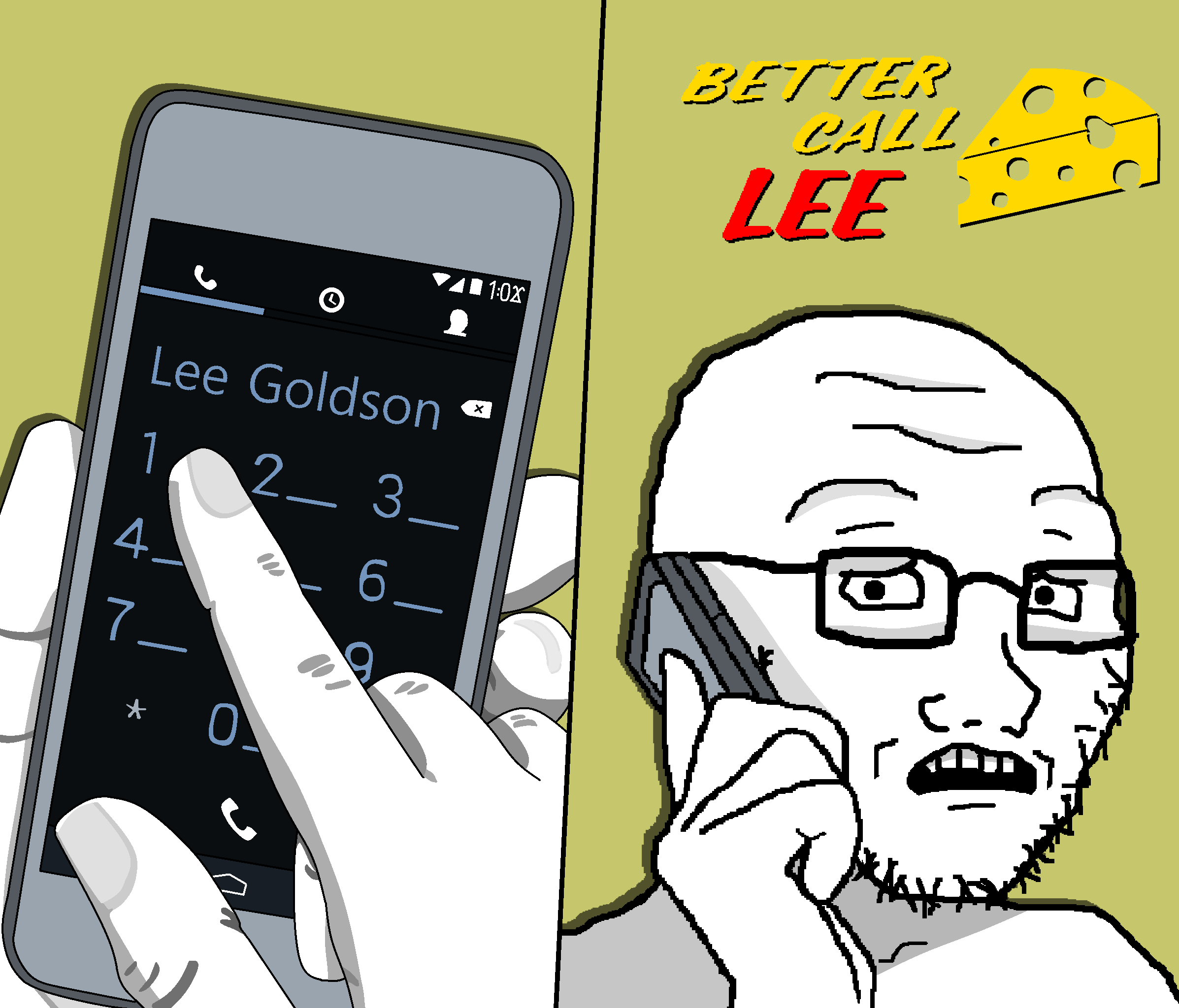 lee goldson, soyak, soyak (concerned), bald, calling, eyes, glasses, hands, holding object, holding phone