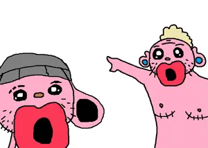 two pointing soyjaks, 2soyjaks, beanie, blonde hair, clothes, ear, ftm, hair, hands, hat