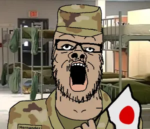 a24 slowburn soyjak, army, bed, brown skin, camouflage, clothes, flag, glasses, hands, hat