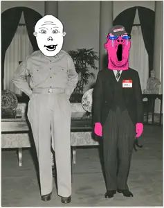 vlodson as macarthur and doll as hirohito now reaction soyjak crossedout and pink hands.png