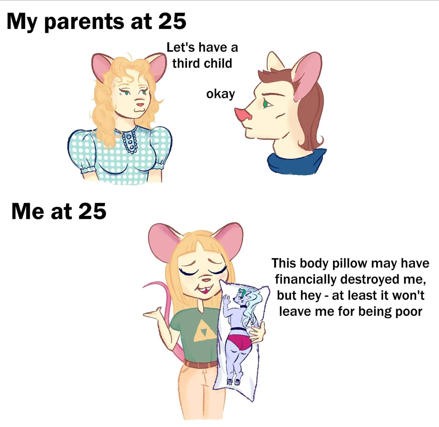 pipermintz, wojak, yes chad, anthro, blonde hair, bodypillow, brown hair, dress, english text, full body
