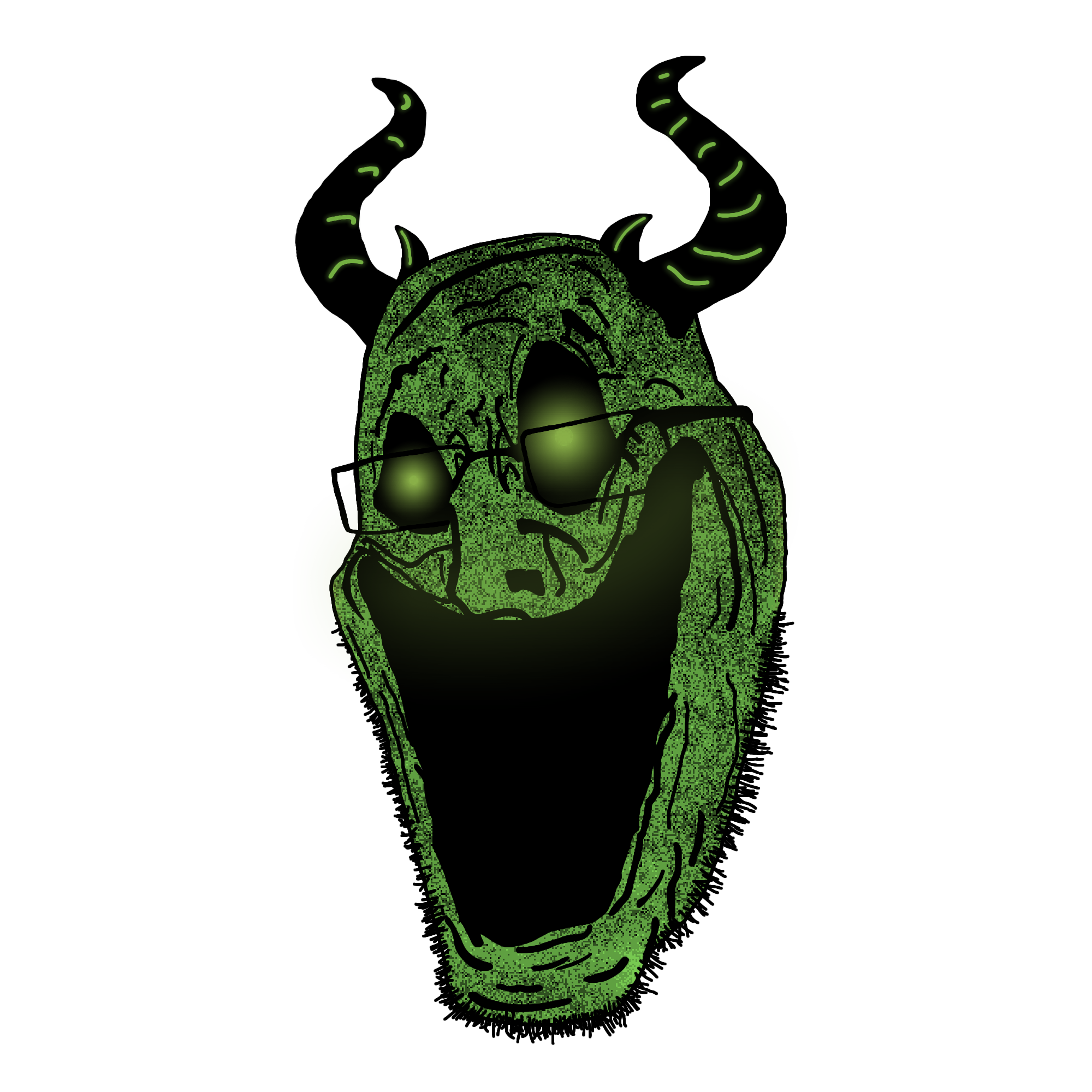 trollface, cobson, phonkson, demon, demon horns, full head, glasses, glowing, glowing eyes, green eyes