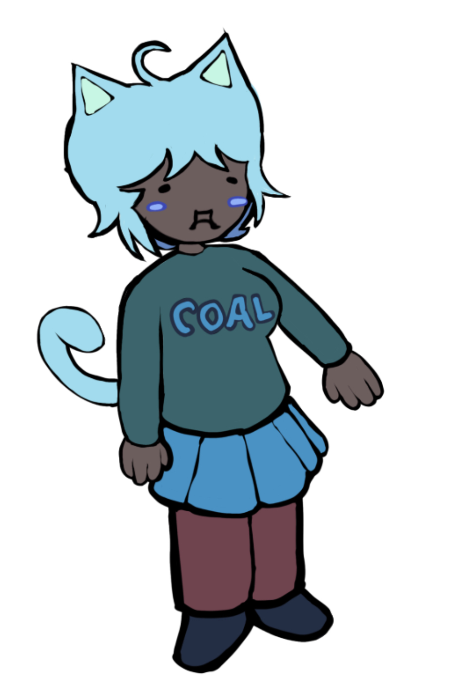 rye, tama, animal, animal ears, black skin, blue hair, blue skirt, blush, cat, cat ears