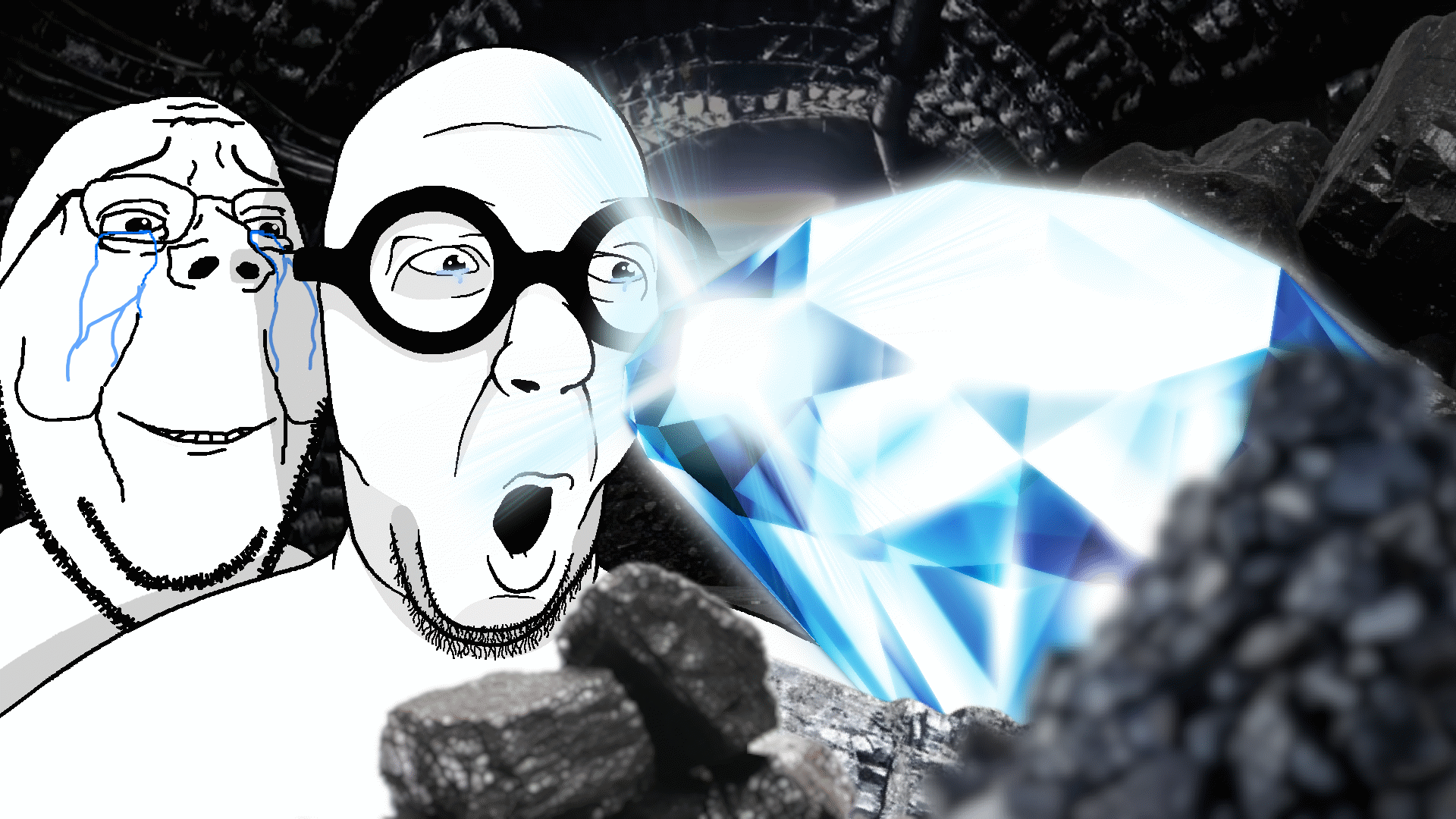 gapejak, slatejak, wholesome soyjak, 2soyjaks, bald, big glasses, chin, closed mouth, coal, coal mine
