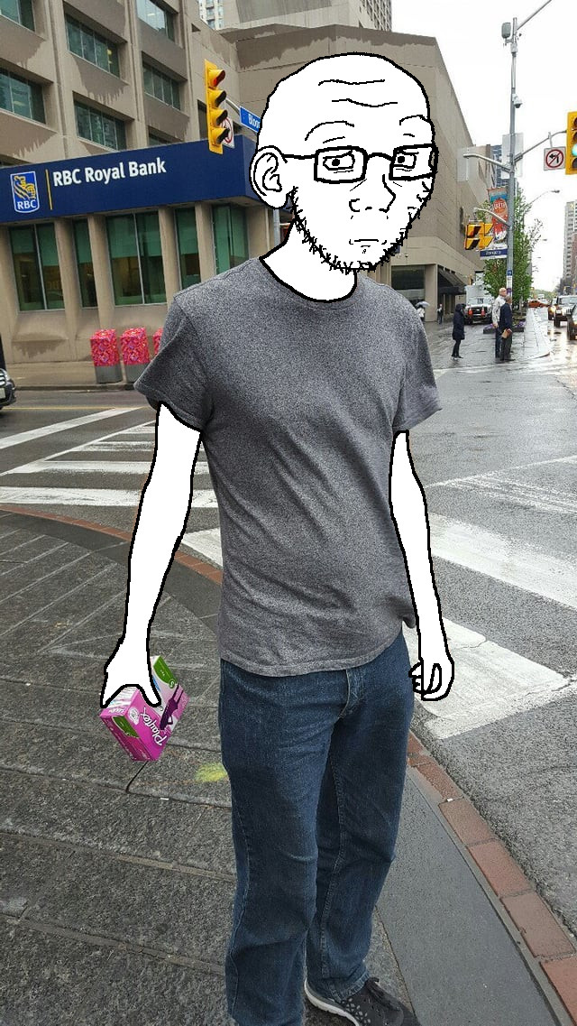 soyak, soyak (concerned), bald, bank, blue pants, clothes, ear, glasses, gray shirt, holding object
