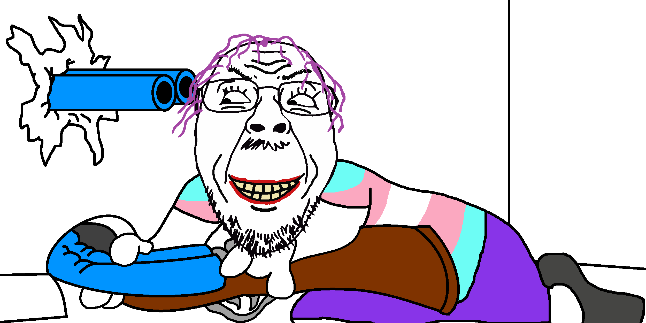 bernd, ack, double barrel shotgun, evil, full body, hanging, holding shotgun, shotgun, skirt, smile