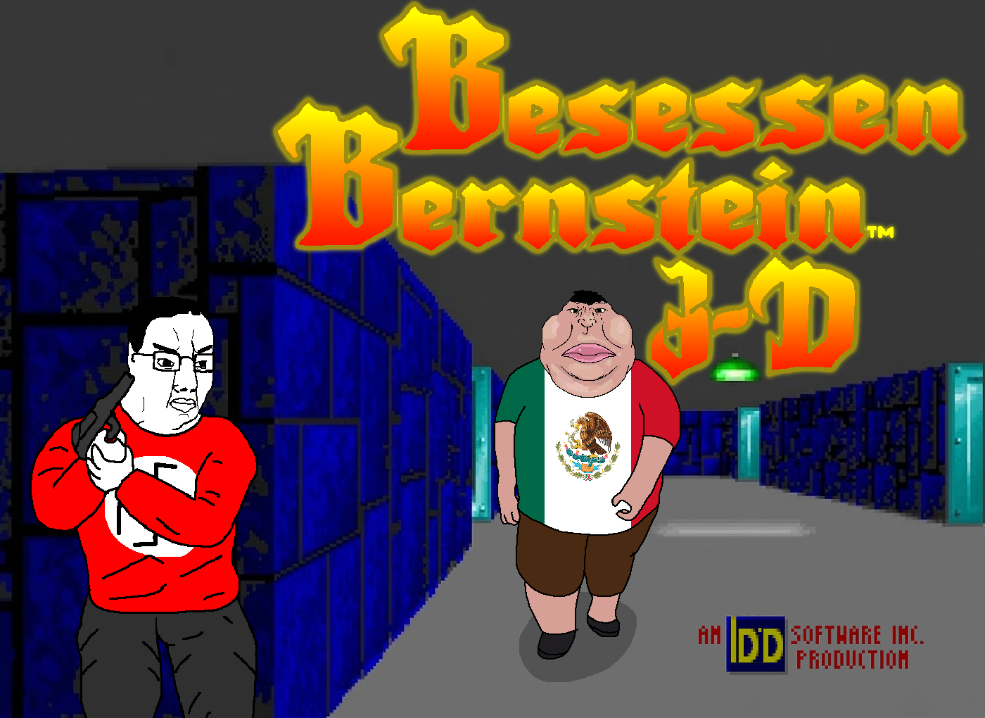chudjak, meximutt, meximutt front4, 'toss, 2soyjaks, clothes, drawn background, fat, flag shirt, gun
