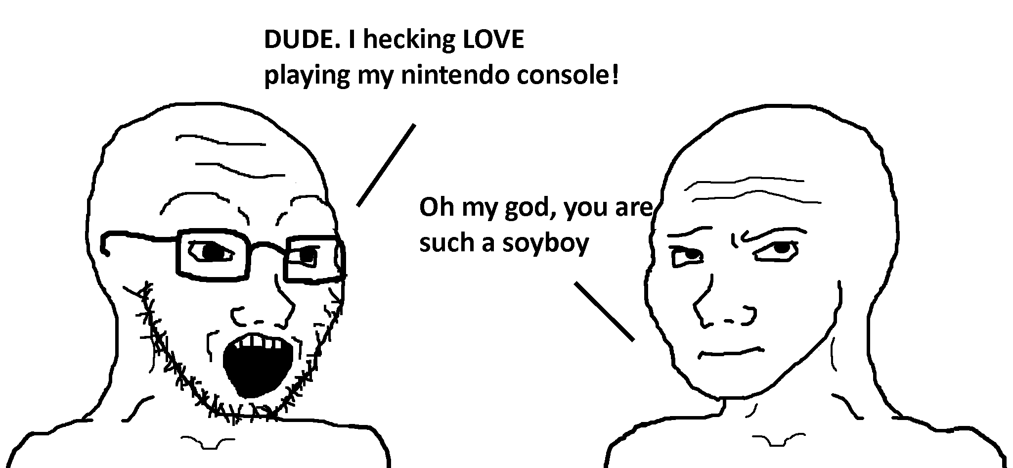 wojak, soyak, 2soyjaks, annoyed, bald, bothered, closed mouth, dialogue, excited, forehead lines