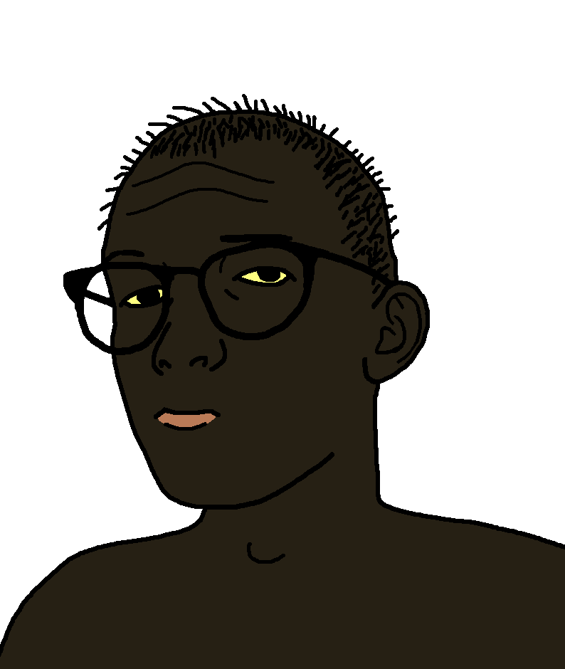 soyquote, black eyes, black skin, brown lips, closed mouth, coon, ear, forehead lines, glasses, hair