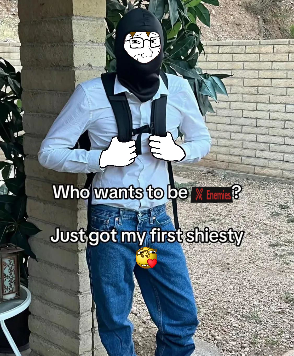 dan, gapejak, soyak, wholesome soyjak, natejak, backpack, blue pants, blue shirt, clothes, emoji