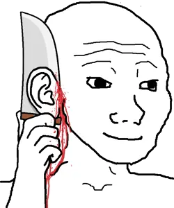 wojak, bleed, ear, hands, happy, knife, smile, transparent background