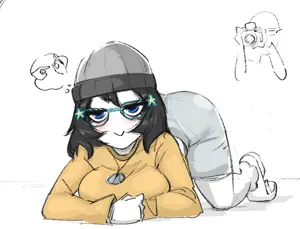 zarzour, soytan, ass, black hair, blush, breasts, camera, clothes, female, glasses