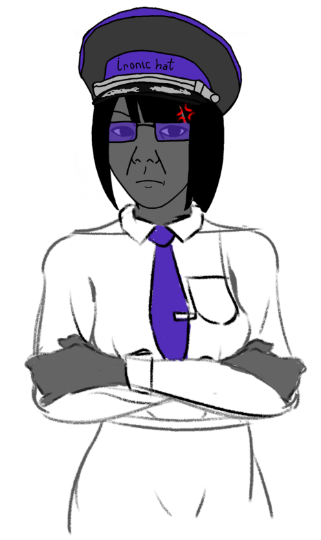 cocoschoppenboer, kuzjak, temuchan, femjak, anger mark, black hair, cap, closed mouth, clothes, crossed arms