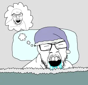 feraljak, angry, bed, blanket, closed eyes, clothes, dream, drool, glasses, hat
