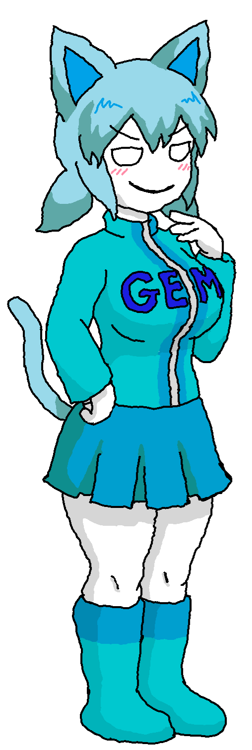 gigachadhero, gemma, tama, big breasts, blue hair, blue shirt, blue skirt, blush, boot, boots