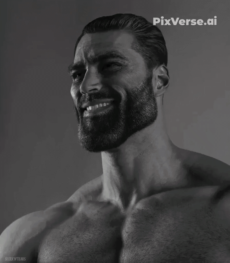 gigachad, abstract, animated, beard, black and white, black hair, black pants, buff, clothes, full body