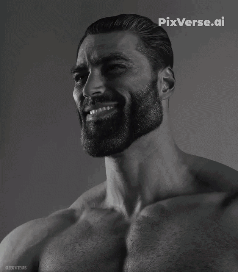 gigachad, 2gigas, animated, beard, belt, black hair, black pants, buff, city, clothes